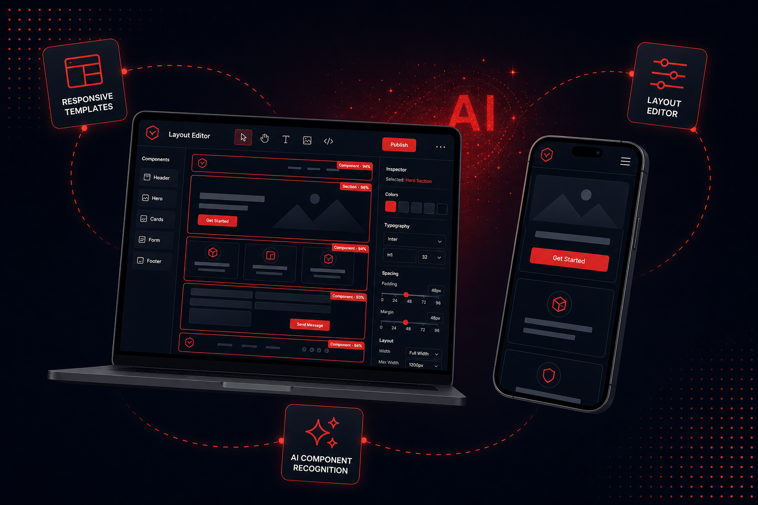 Generated responsive website templates displayed across desktop and mobile, with a layout editor and AI component recognition overlays