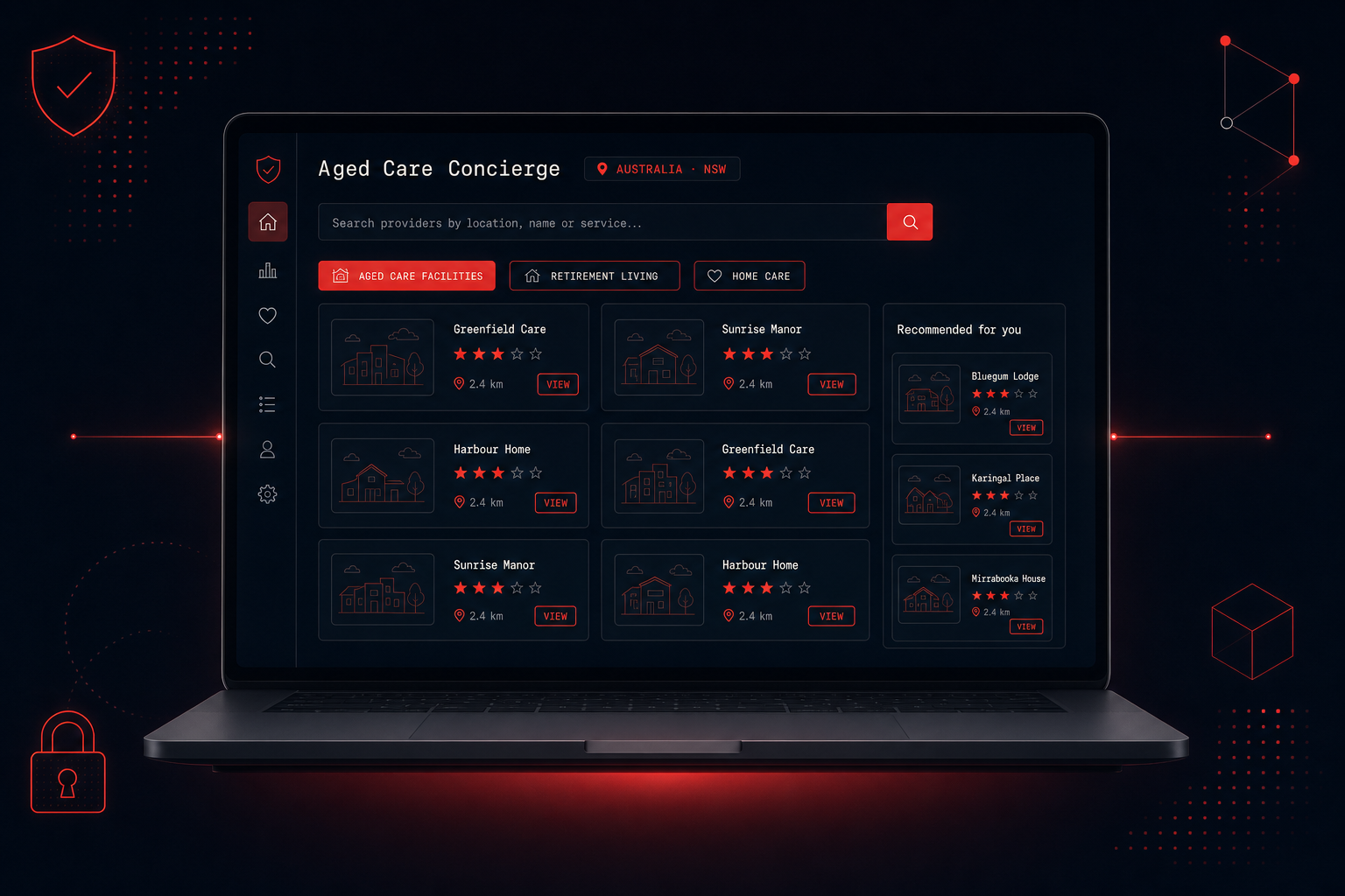 Aged Care Concierge platform interface showing search by location, filter chips for aged care facilities, retirement living and home care, ranked provider results with ratings, and a personalised recommendations panel