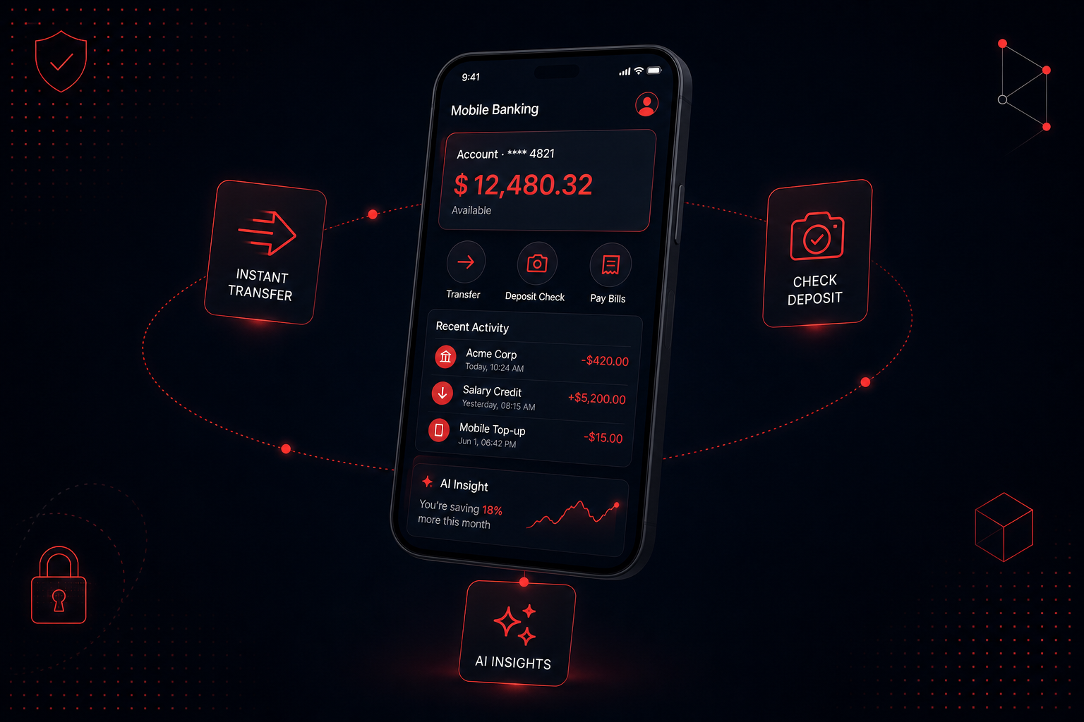 Customer using a mobile banking app for fund transfers, mobile check deposit and AI-driven financial insights