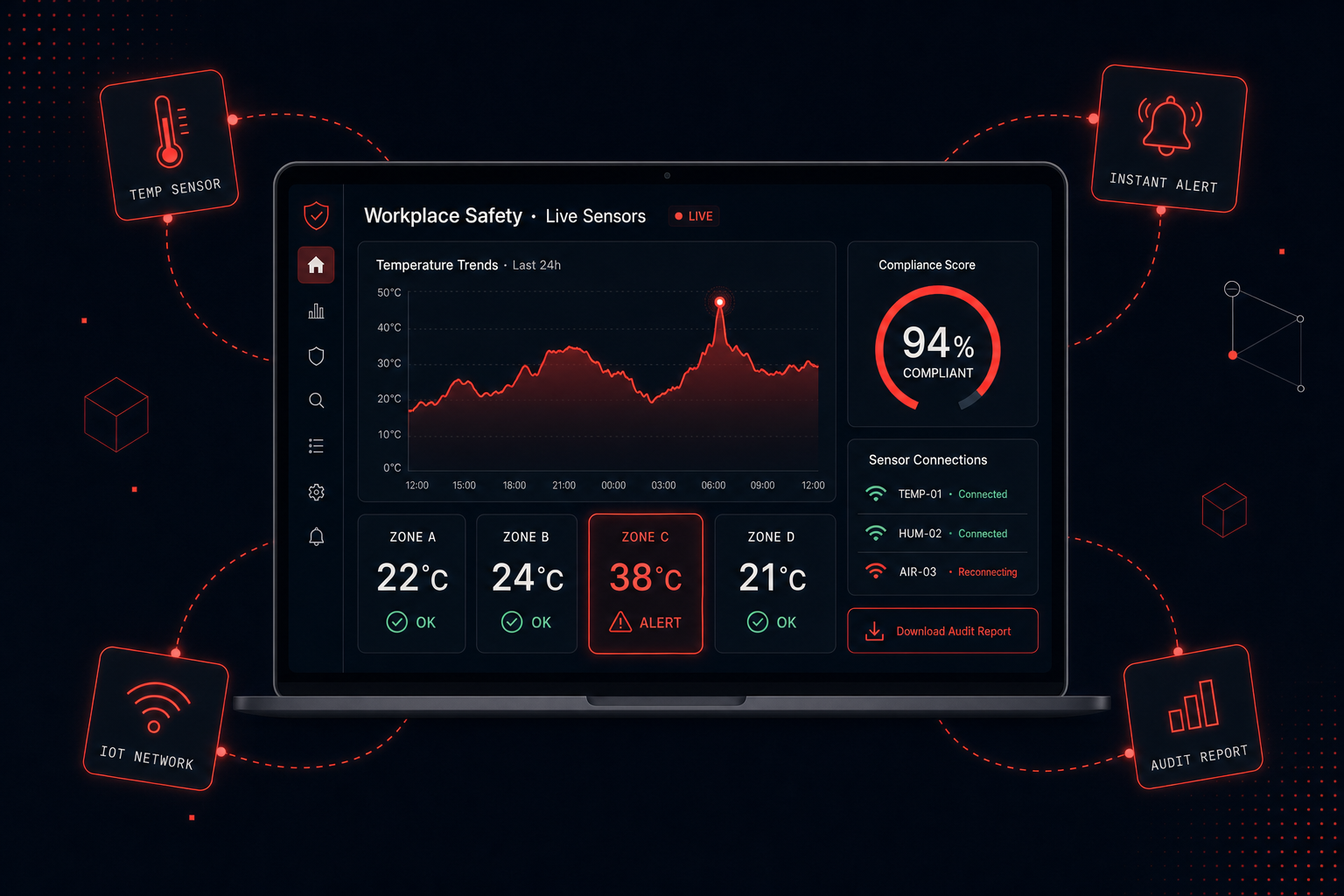 IoT workplace safety dashboard showing real-time temperature trends, multiple zone status cards with one in alert, a compliance gauge, sensor connection statuses, and a downloadable audit report